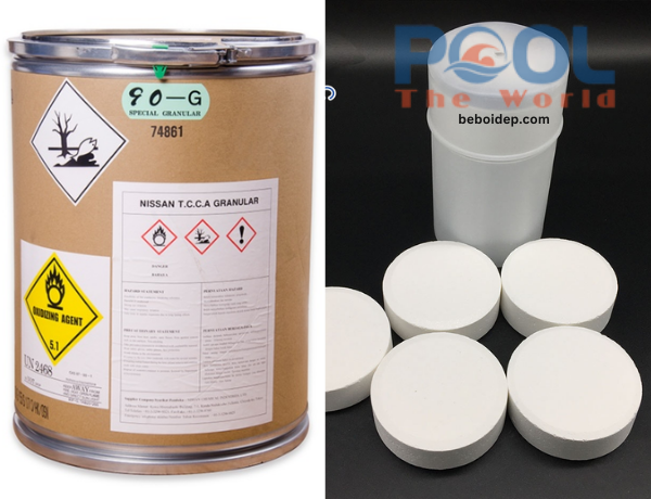 Khử trùng hồ bơi nhiều tạp chất bằng TTCA Japan 90% hạt