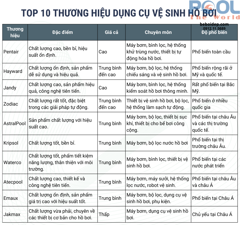 Top 10 thương hiệu dụng cụ vệ sinh hồ bơi phổ biến nhất hiện nay 